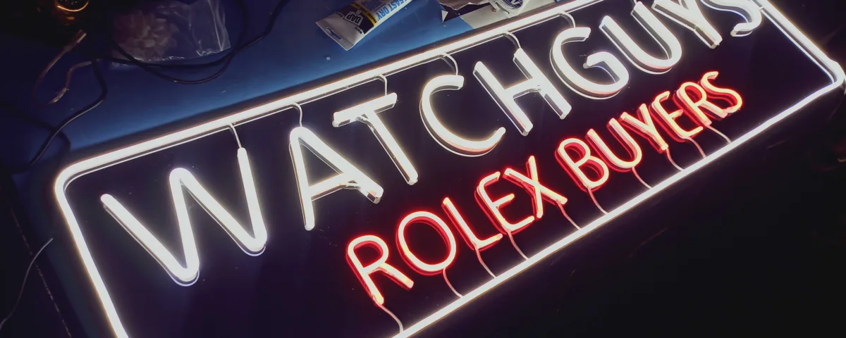 ‘WATCHGUYS ROLEX BUYERS’ Cool White and Red LED Neon Sign